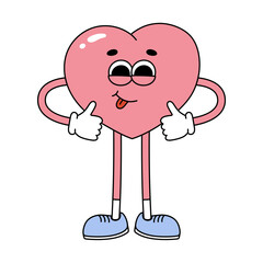 Groovy hippie pink heart character standing. Cartoon character in trendy retro style for Valentines day design. Love concept. Isolated vector illustration