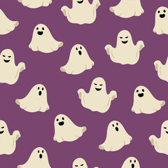 Seamless pattern with cute ghosts. Cartoon characters on purple background for Halloween design. Vector illustration