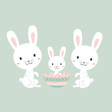 Happy Easter cute rabbits and egg retro pastel color on light green background. Decor elements isolated