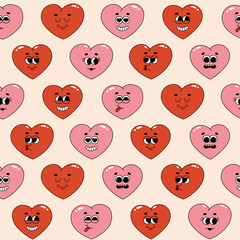 Fototapeta premium Seamless pattern of groovy hippie hearts. Cartoon characters in trendy retro style on pink background. Vector illustration