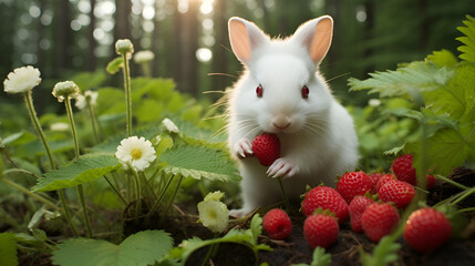 White rabbit eating wild red strawberries on the forest ground. Generative AI.