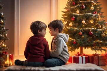 Happy little children waiting presents on Christmas morning. Two excited kids sitting on floor in beautiful, decorated living room and together waiting a Christmas miracle with wonderful Xmas gift