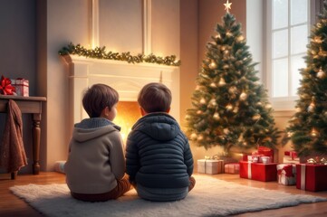 Happy little children waiting presents on Christmas morning. Two excited kids sitting on floor in beautiful, decorated living room and together waiting a Christmas miracle with wonderful Xmas gift - obrazy, fototapety, plakaty