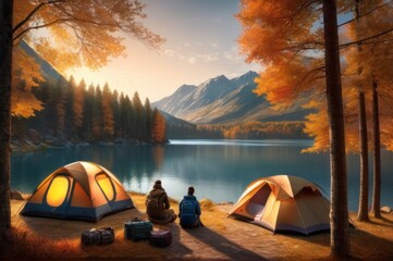 Wild river with orange tent near the shore at the sunset or sunrise. enjoying the wild nature, therapy being alone, vacations on nature. Autumn camping site with one orange tent near summer lake. - obrazy, fototapety, plakaty