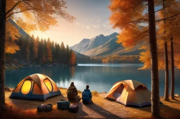 Poster Wild river with orange tent near the shore at the sunset or sunrise. enjoying the wild nature, therapy being alone, vacations on nature. Autumn camping site with one orange tent near summer lake. © useful pictures