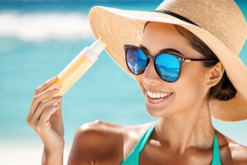 Smiling woman in hat is applying sunscreen on her face
