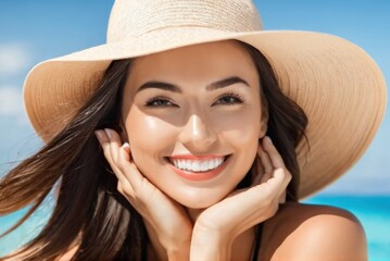 Close up face of young stylish woman wearing straw hat at beach. Happy tanned latin woman laughing during summer holiday. Beautiful smiling fashionable girl relaxing at beach on vacation