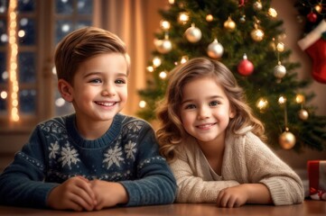 Fototapeta na wymiar Happy little children opening presents on Christmas morning. Two excited kids sitting on floor in beautiful, decorated living room and together waiting a Christmas miracle with wonderful Xmas gift