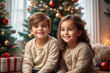 Fototapeta na wymiar Happy little children opening presents on Christmas morning. Two excited kids sitting on floor in beautiful, decorated living room and together waiting a Christmas miracle with wonderful Xmas gift