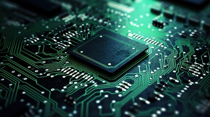 Fototapeta premium Delving Deeper into Electronics: Detailed Closeup Captures the Complexity and Beauty of Circuitry Wonders. Generative AI