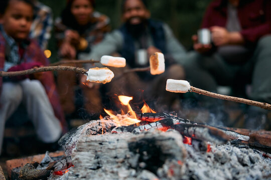 Close up of campers roasting marshmallows on campfire in nature.