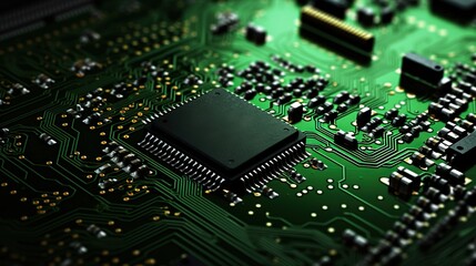 Obraz premium Journey into the Digital Realm: Macro View of Circuit Board Components, Unraveling the Complex Layers of Innovation. Generative AI