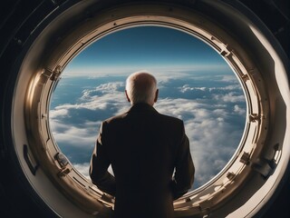 Old man looking at the earth from the porthole of a spaceship. - obrazy, fototapety, plakaty