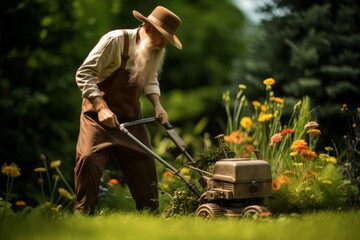 Industrious Gardener mowing grass. Nature sunset. Generate Ai - obrazy, fototapety, plakaty