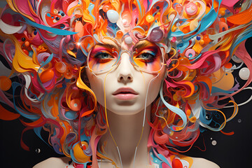 Closeup portrait of a spring woman with surreal abstract fairy hair made of paper rainbow curls, with sensual lips and beautiful eyes on a dark background, magazine cover - obrazy, fototapety, plakaty