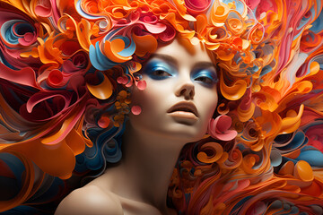 Closeup portrait of a spring woman with surreal abstract fairy hair made of rainbow intricate curls, with sensual lips and beautiful eyes for greeting cards, posters, magazine cover - obrazy, fototapety, plakaty