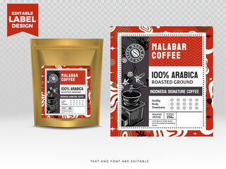 Coffee label design template with mockup standing pouch, editable text. Editable text label coffee design. Vector illustration
