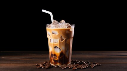 Iced coffee with coffee beans on wooden table and black background.