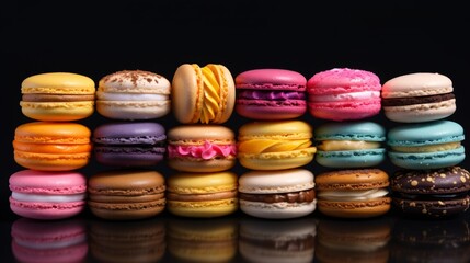 Colorful macaroons on a black background. Selective focus