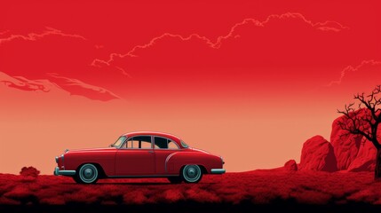 Retro car on the background of the red landscape