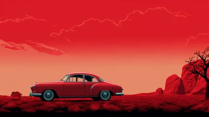 Tuinposter Retro car on the background of the red landscape © hardqor4ik