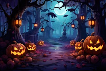 halloween scene with pumpkins and lanterns in the dark Generative AI