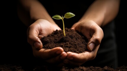 Close up of woman hands holding green seedling growing in fertile soil