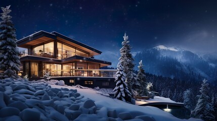 a snow-covered view of a high-end private villa