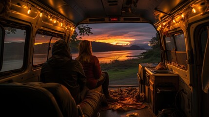 young couple sitting and taking a view on mattress inside of camper van