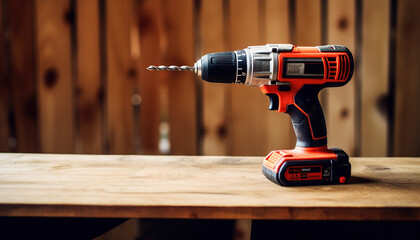 Drill on a wooden background, tool, carpentry, DIY, construction, realistic illustration, AI generative.