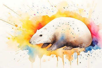 Modern colorful watercolor painting of a mole, textured white paper background, vibrant paint splashes. Created with generative AI