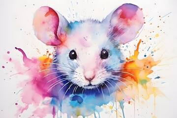 Modern colorful watercolor painting of a mouse, textured white paper background, vibrant paint splashes. Created with generative AI
