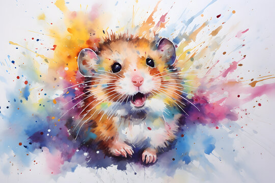 Modern colorful watercolor painting of a hamster, textured white paper background, vibrant paint splashes. Created with generative AI