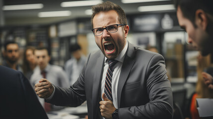 Angry boss shouting in office due to inefficient workers. Tension and stress in work place. stressful work environment concept. - obrazy, fototapety, plakaty