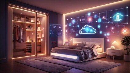 Glowing smart home interface, geometric background, connected lines and dots displaying the Internet of Things system