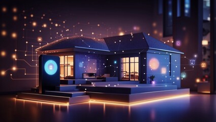 Glowing smart home interface, geometric background, connected lines and dots displaying the Internet of Things system