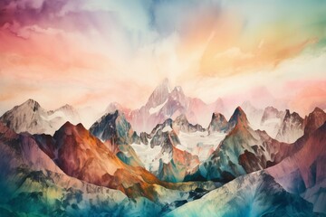 A mesmerizing watercolor view of a mountain range protected by the ozone layer. Generative AI