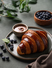 Fresh croissant with chocolate and blueberries on a dark plate on a green background with branch close up. Delicious homemade breakfast concept