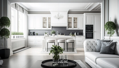 Beautiful luxurious white kitchen and living room in a big house, Generative AI