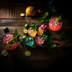 Obraz na płótnie Canvas vibrant cocktails sits atop a rustic wooden surface. Illuminated by moody lighting, each glass is filled with colorful concoctions, garnished with fresh citrus slices, radiant flowers, and cool mint.