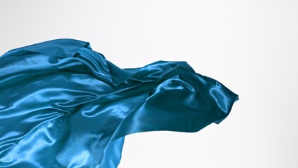 Smooth Elegant Blue Satin Cloth Separated on White Background. Texture of flying fabric.