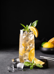Lemonade drink with fresh lemon, lime, mint and ice. Refreshing citrus mojito cocktail on a dark...