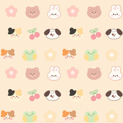 Cute Seamless pattern kawaii sweet animals cartoon character bear's cherry 