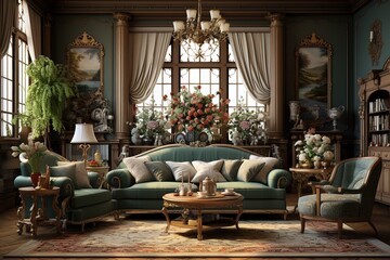 Royal & luxury living room with lamp & lights - obrazy, fototapety, plakaty