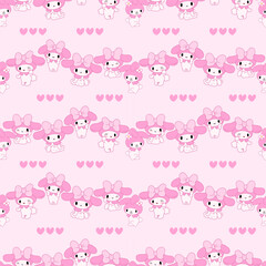 Cute Seamless pattern kawaii sweet animals cartoon character bunny pink background and hearts melody 