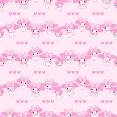 Cute Seamless pattern kawaii sweet animals cartoon character bunny pink background and hearts melody 