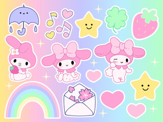Big sticker set  cute cartoon pink bunny with melody, stars, rainbow on purple background. Kawaii sticker pack 