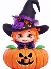 Cute clipart cartoon Halloween witch with wizard hat. Pumpkim scary smile for sticker. Happy Halloween day