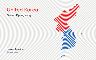 Creative map of South and North Korea. Political map. Seoul, Pyongyang. United Korea. Capital. World Countries vector maps. Spiral fingerprint series	