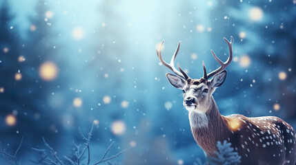 Background of a deer in christmas concept in beautiful winter environment. Deer highlighted amid snow and bluish tones with Christmas bokeh effect.